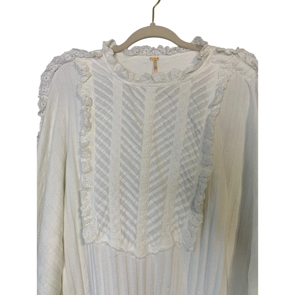 Free People Cottage-core More Romance Top Ivory Ruffle Trim Long Sleeve Blouse L
